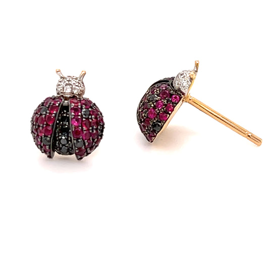 18K White Gold Ruby and Black Diamond Ladybug Stud Earrings