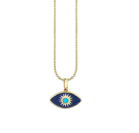 14K Yellow Gold Sunburst Evil Eye Pendant