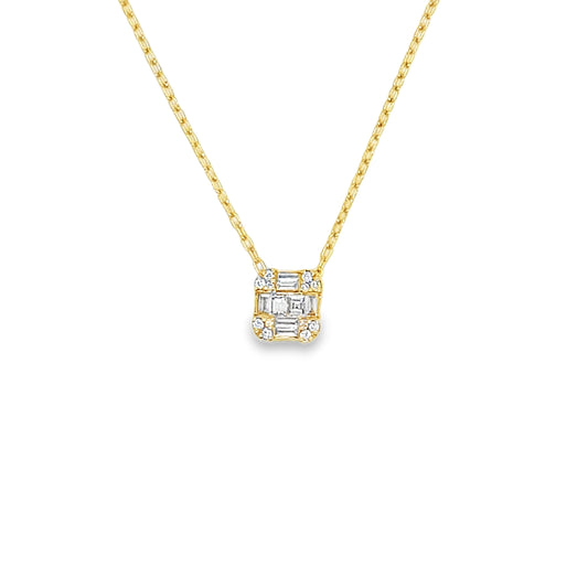 18K Yellow Gold Baguette and Round Diamond Square Pendant