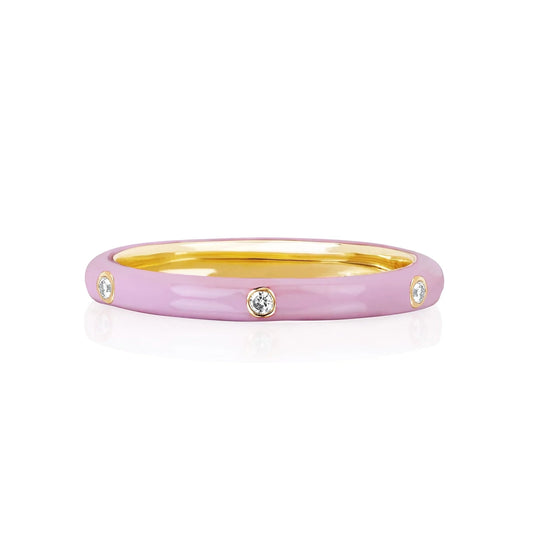 14K Yellow Gold Light Pink Enamel Diamond Stackable Ring