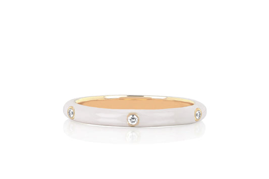 14K Yellow Gold White Enamel Diamond Stackable Ring