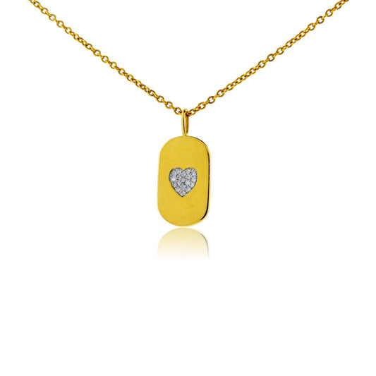 14K Yellow Gold Dog Tag Pendant with Diamond Heart