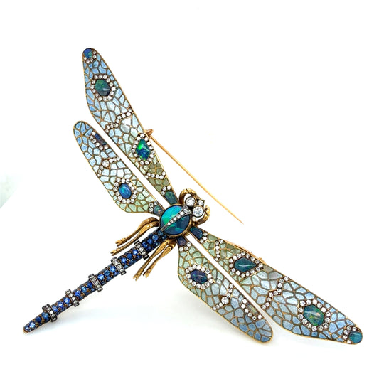 18K Yellow Gold Opal Diamond Sapphire and Enamel Dragonfly Brooch