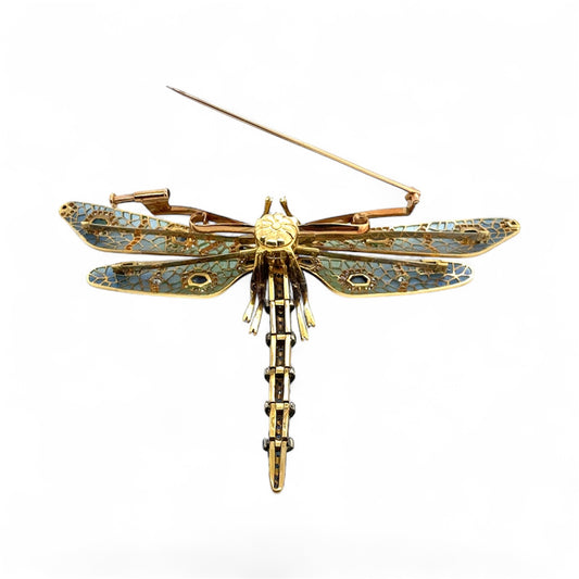 18K Yellow Gold Opal Diamond Sapphire and Enamel Dragonfly Brooch