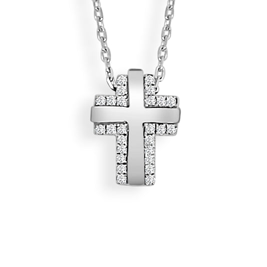 14K White Gold Mother of Pearl and Diamond Cross Pendant
